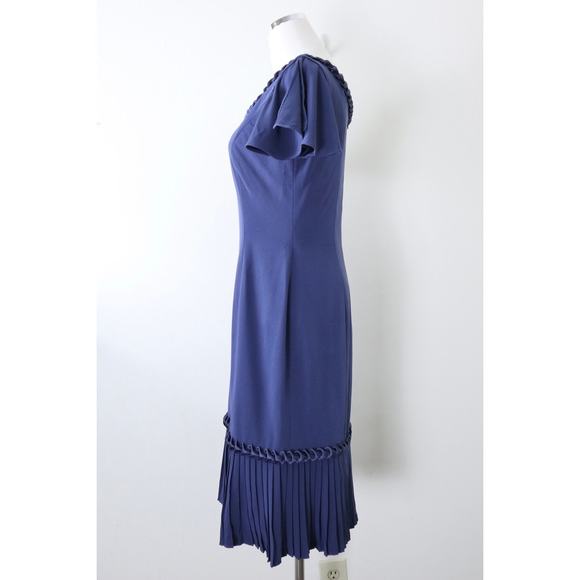 Roland Nivelais Size 6 100% Silk Sheath Cocktail Dress Pleated Hem Navy Blue - Picture 7 of 14